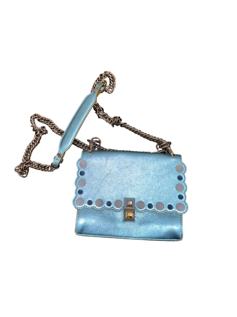 Fendi Kan Metallic Blue Scalloped Studded Shoulder Bag/ purse with Chain Strap